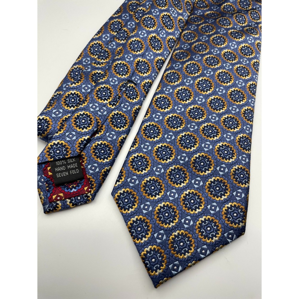 Roffe Seven Fold Silk Tie Blue Gold Geometric Medallion Hand Made Luxury Mens